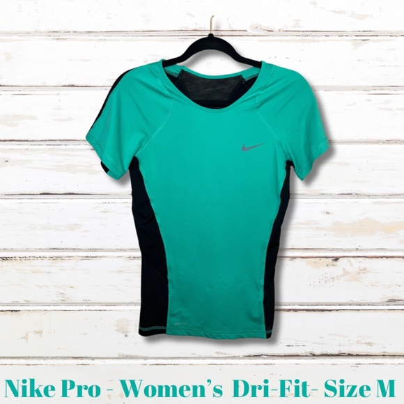 Nike Pro Womens Dri Fit Shirt Green and Black with Sheer Back Size Medium - Picture 1 of 7